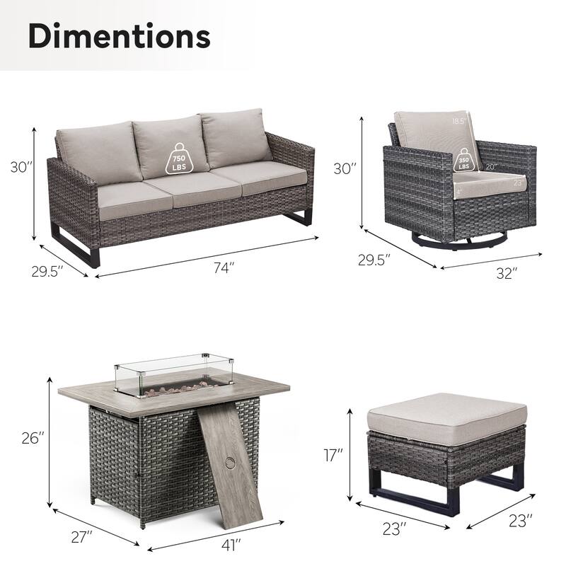 Patio Sofa 2 Swivel Chairs Ottomans and Fire Table Grey-Beige - Grey