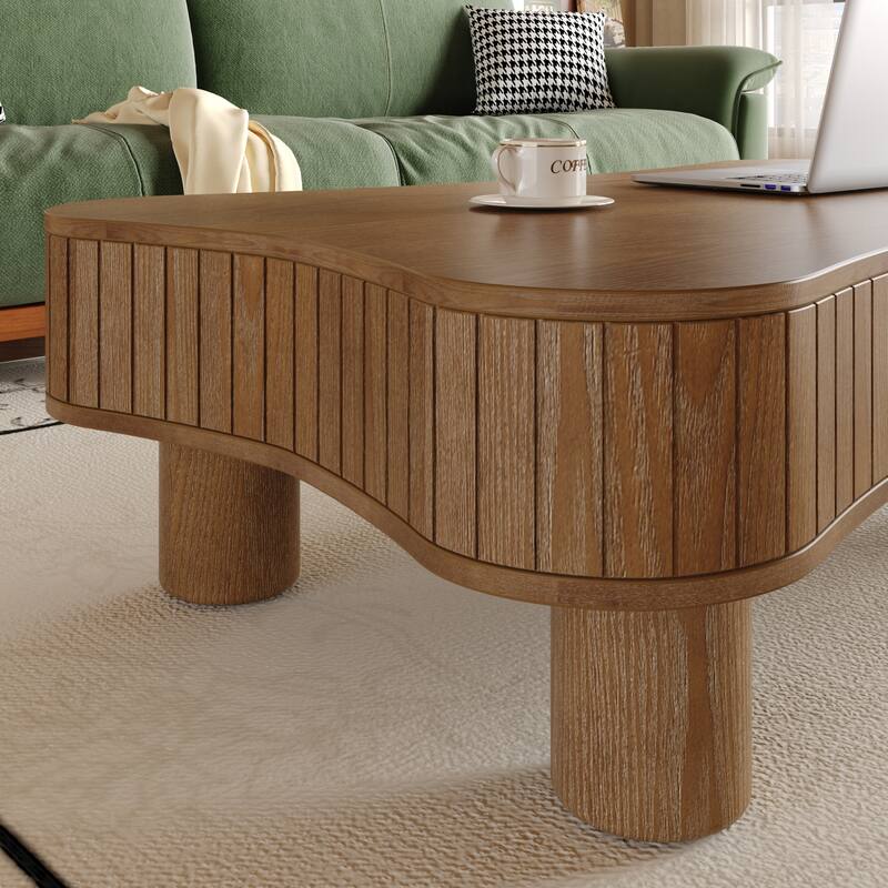 Lift Top Coffee Table with Hidden Storage, Hydraulic Rising Center Table, Fluted Panel Sofa Table with Rounded Corners