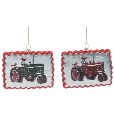 Transpac Glass Vintage Tractor Ornament Set of 2 Christmas Home Decorations - Multicolor