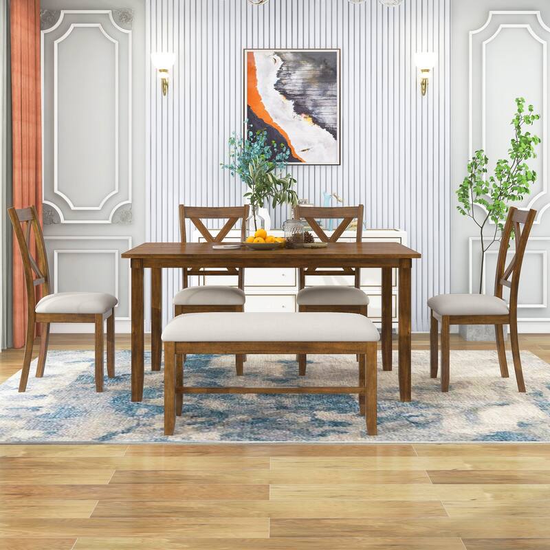 Traditional 6-Piece Wooden Dining Table Set with 4 Upholstered Chairs and Bench
