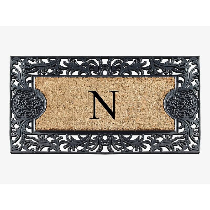 A1HC Floral Border Rubber and Coir Large Outdoor Durable Monogrammed Doormat, Black - 23" X 38" - N