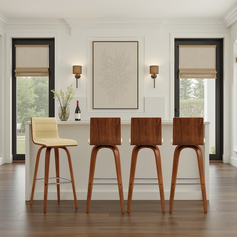Skara Swivel Bar Stool, Upholstered Bar Height Chair with Bentwood Frame - Cream & Walnut - Set of 4