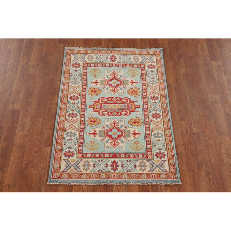 Turquoise Blue Kazak Oriental Accent Rug Hand-Knotted Wool Carpet - 2'9" x 3'11"