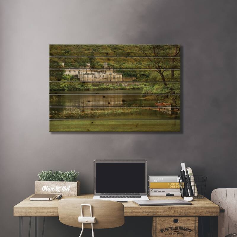 Kylemore Abbey, County Galway, Ireland, Castle, Towers Landscape, Scenic, Boat Print On Wood by Patrick J. Wall - Multi-Color