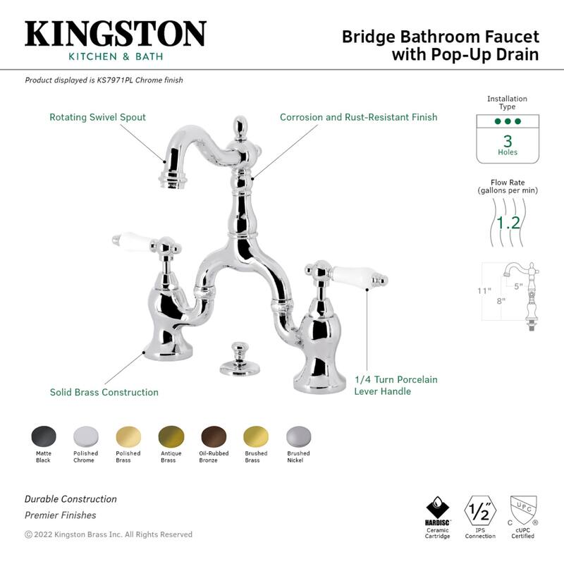 English Country Bridge Bathroom Faucet with Brass Pop-Up