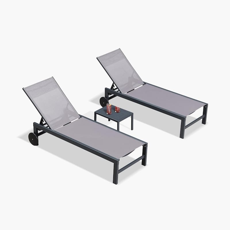 PURPLE LEAF Outdoor Mesh/Aluminum Chaise Lounge w/Wheels Textliene Fabric