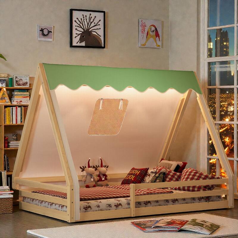 Montessori House Floor Bed with Tent and Lights, Solid Wood Teepee Bed with Guardrails, Twin/Full Kids Bed Frame
