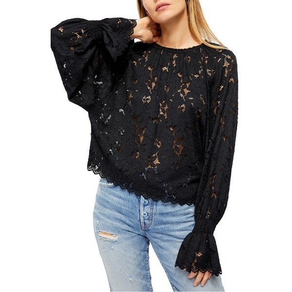 Free People Womens Top Jet Black Size XS Lace-Illusion Smocked Blouse