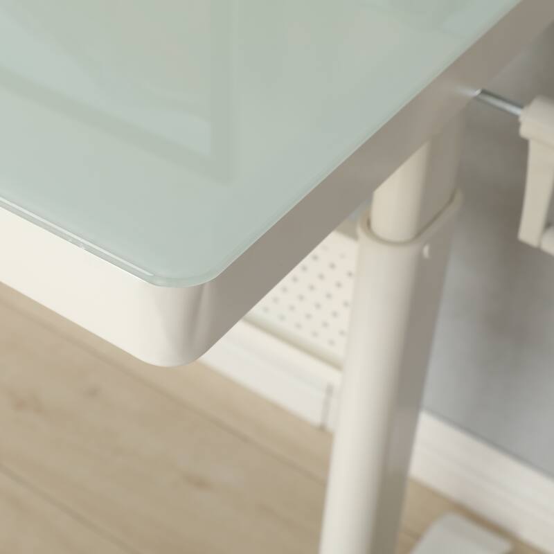 Tempered Glass Home Office Desk, Height Adjustable Glass Desk with Metal Drawer, Ergonomic Standing Desk with Crank