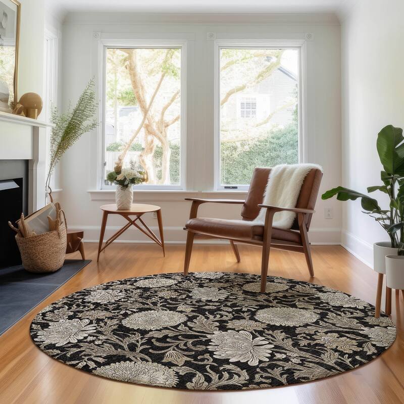 Premium Washable Super Soft Floral Mayfield Rug - Black - 8' x 8' - Round
