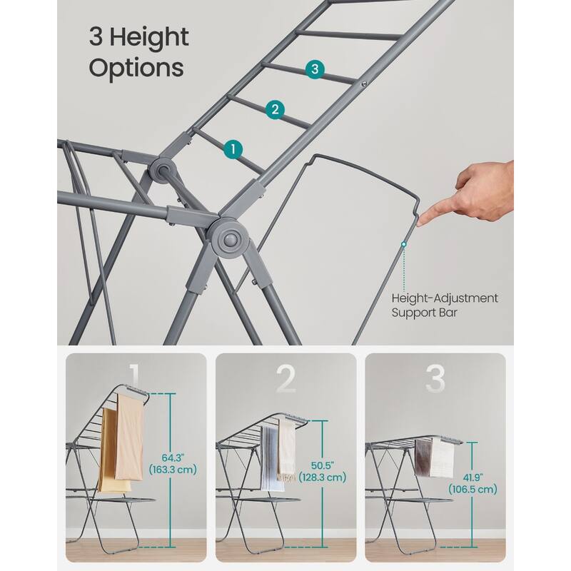 Adjustable 4-Wing Foldable Steel Laundry Clothes Drying Rack with 33 Rails and 27 Clips for Indoor Use