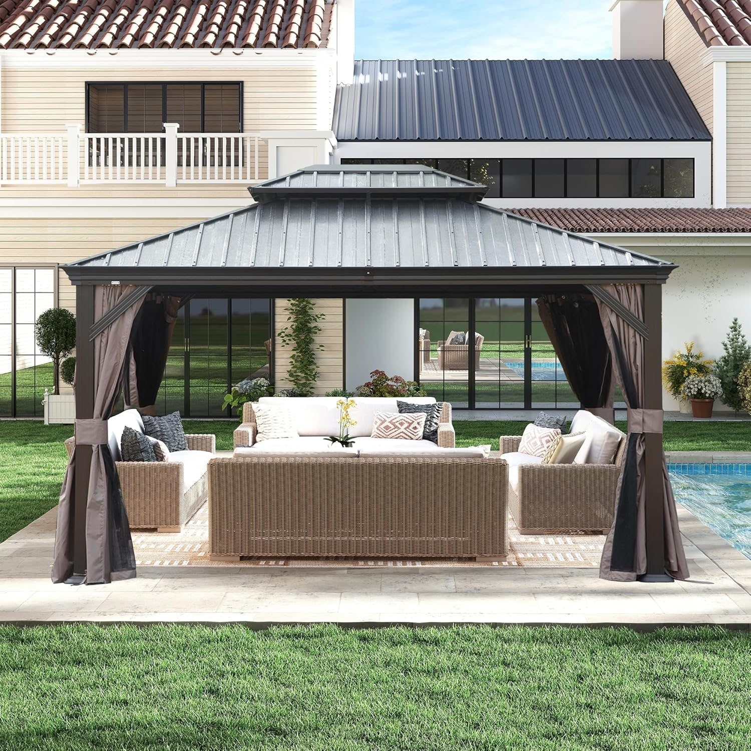 GDFStudio - 10x13FT Outdoor Hardtop Gazebo with Galvanized Steel Double Roof & Drainage System