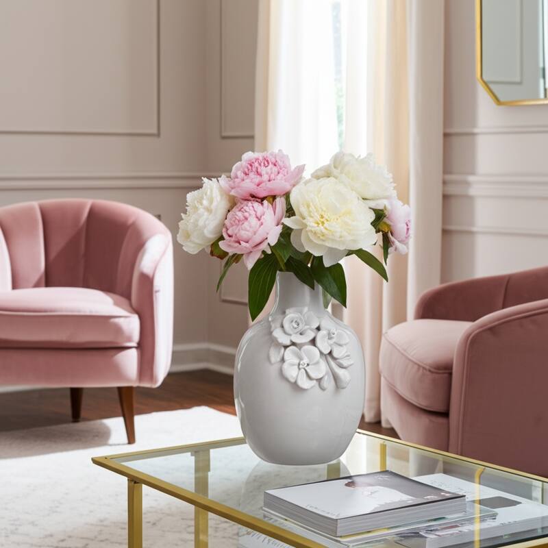 Ceramic Decorative Vase 3D Floral Detail Glossy Finish - 6" White - White - 5" x 5" x 6.25"