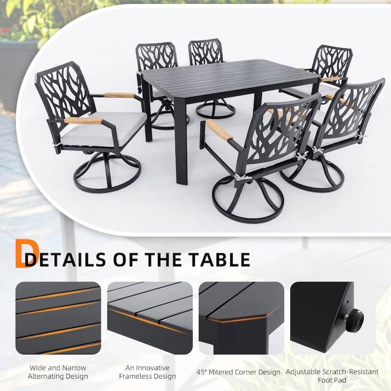 Modern 7-piece Outdoor Aluminum Dining Set with 6 Swivel Rockers Chairs and Umbrella Hole