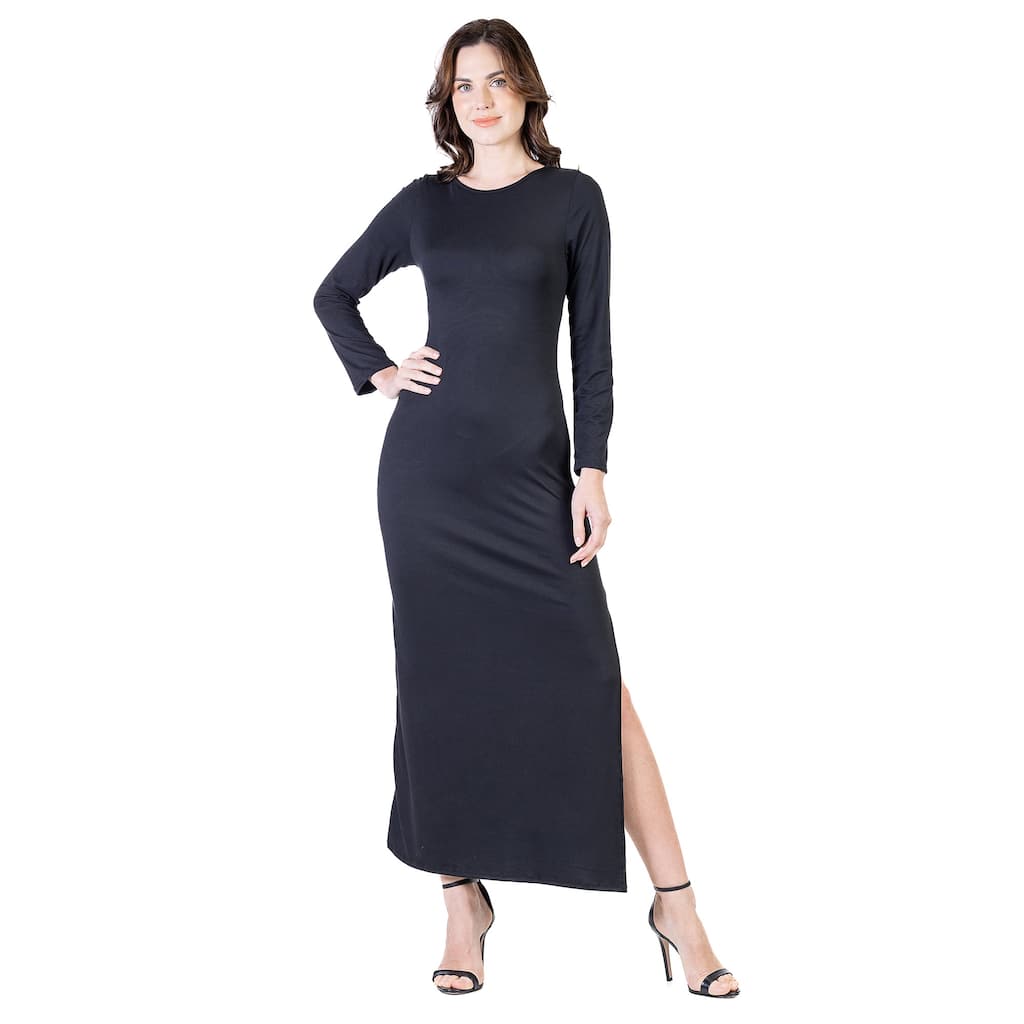 24seven Comfort Apparel Long Sleeve Side Slit Fitted Black Maxi Dress