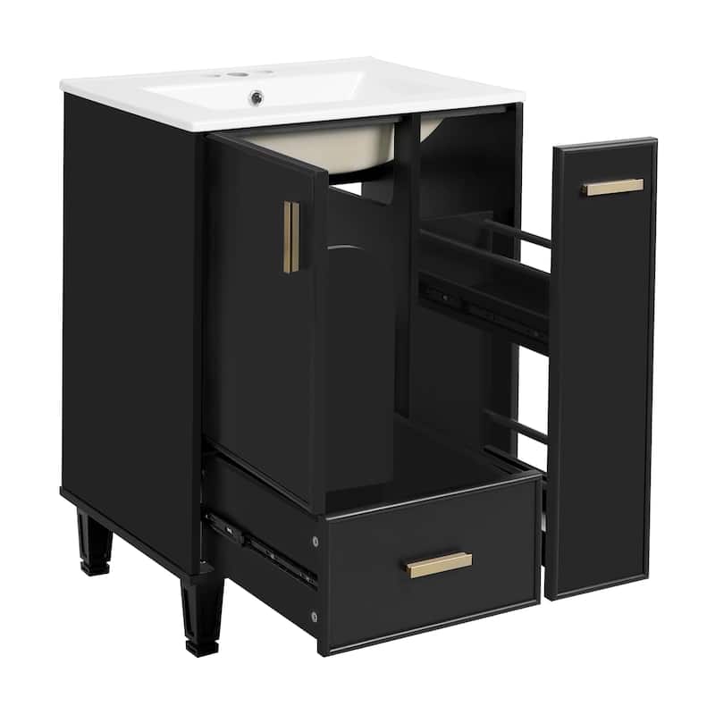 24" Bathroom Vanity with Sink, Bathroom Cabinet with Door Shelf, Deep Drawer, 2-Tier Pull-Out Basket