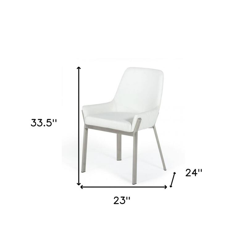 34" Contemporary Arm Dining Chair with White Upholstered Faux Leather Seat and Silver Frame - 33.5”H x 23”W x 24”D