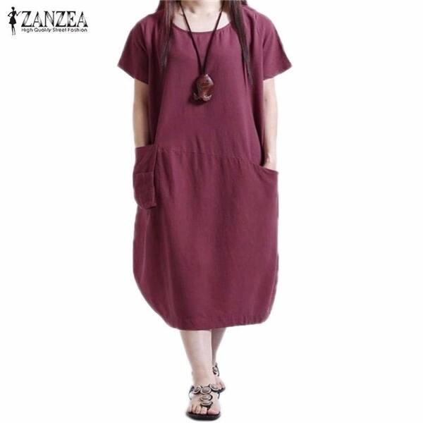 Shop Zanzea Women Summer Dress 2017 Short Sleeve Casual Loose Linen Dress Mid Calf Solid Dresses Plus Size Oversized Vestidos Overstock 27108657