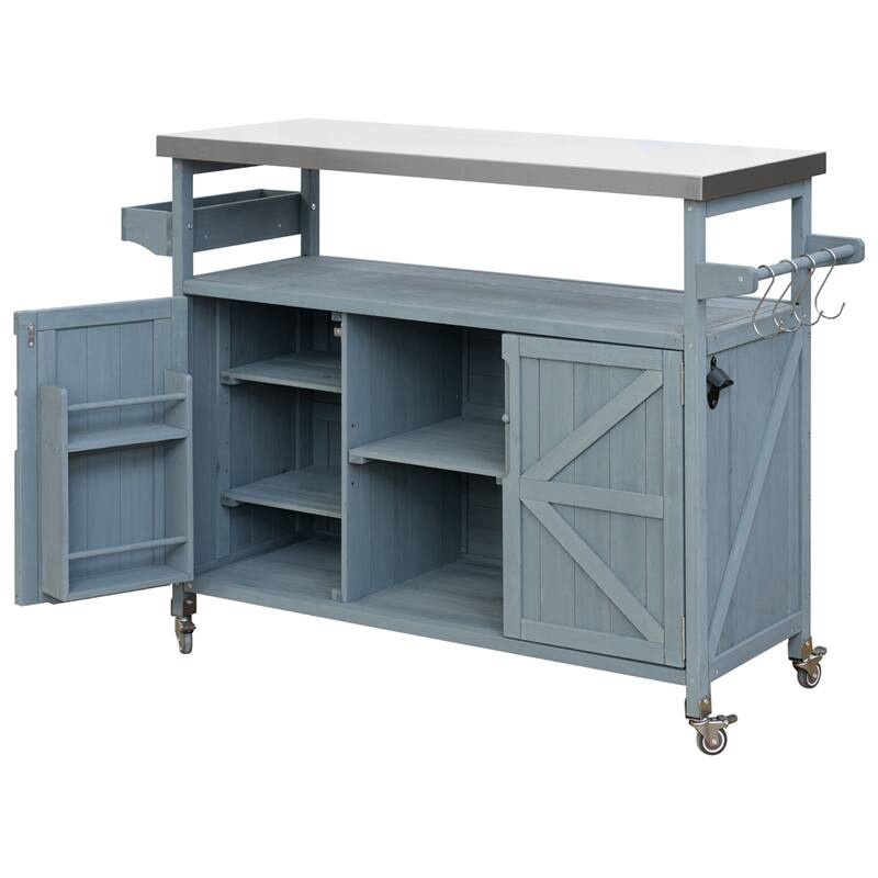 Wood Rolling Kitchen Island with Stainless Steel Top,Towel Rack