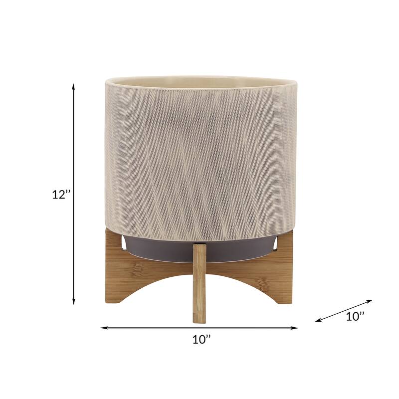 Sagebrook Home Modern Neutral Tan Ceramic Planter with Mesh Design on Stand
