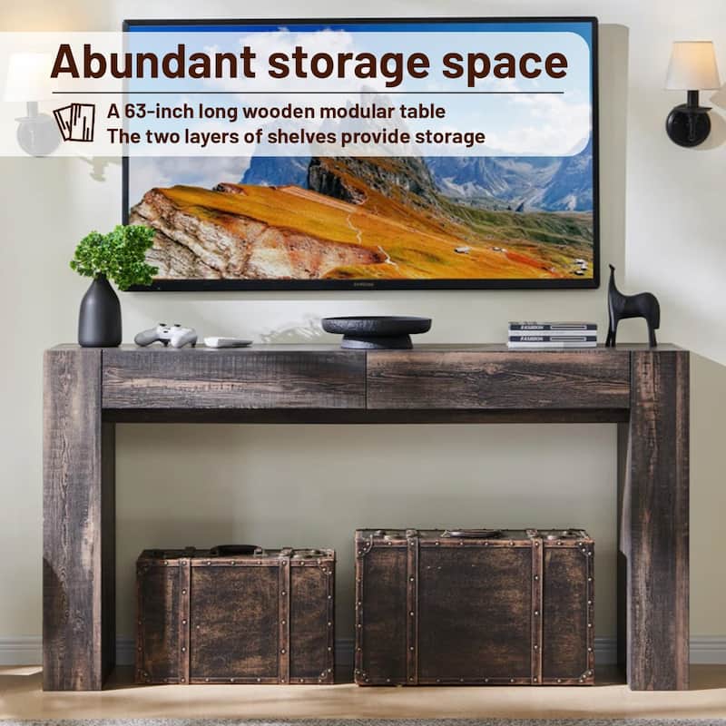 Modern Entryway Console Table, Thick Wood Sofa Table with Drawers