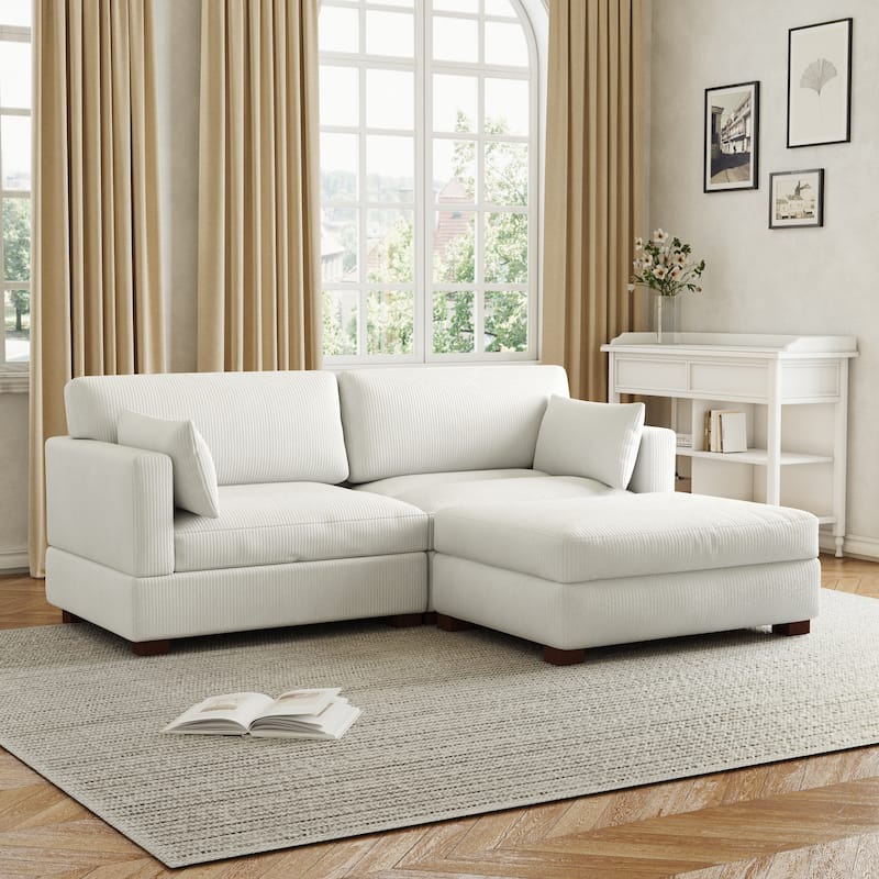85in.W Corduroy Modular 3-Piece L-Shaped Sectional Sofa with Ottoman