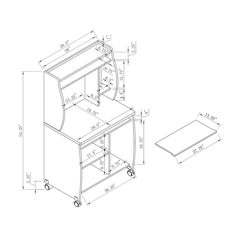 Microwave cart computer cart utility cart with hutch shelves spice rack mobile on locking castors white