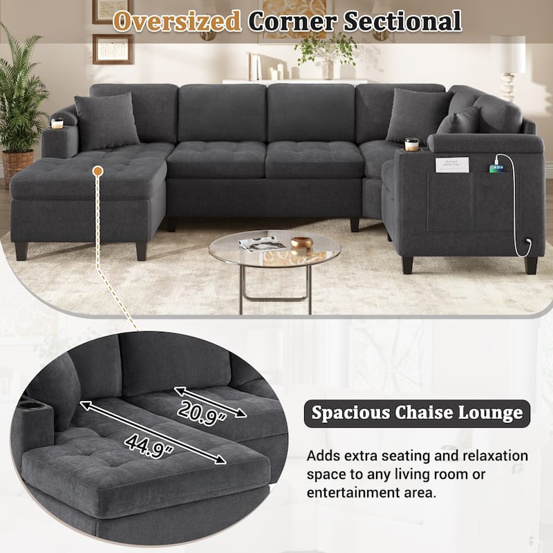 Roomfitters 115.7-Inch Modern U-Shaped Oversized Sectional Sofa, Corner Living Room Couch with Built-In Cup Holders