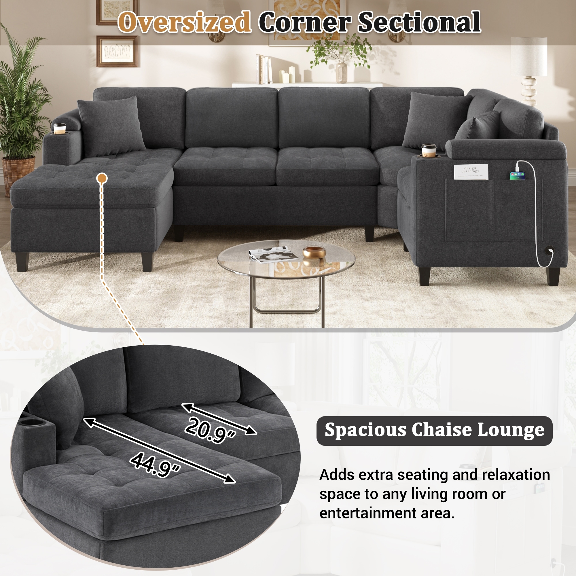 U Shaped Chenille Corner Sectional Sofa with Chaise Lounge, USB Ports
