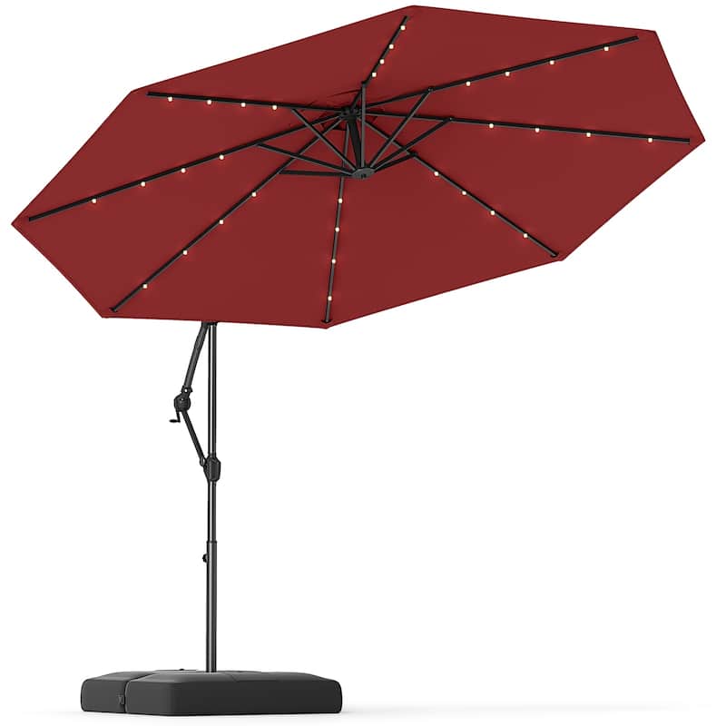 Large 10 Feet Patio Offset Umbrella with Stable Crossed Base and Solar LED Lights for Outdoor - Wine