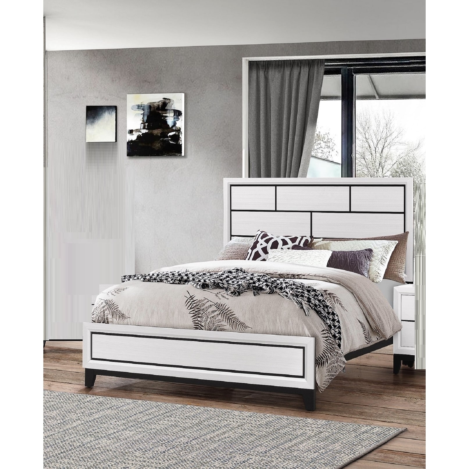 Full Size Wood Panel Bed with Geometric Headboard and Low-Profile Design