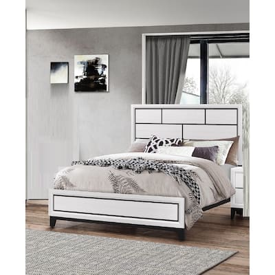 Queen Size Wood Contemporary Platform Bed with Geometric Headboard and Low-Profile Design