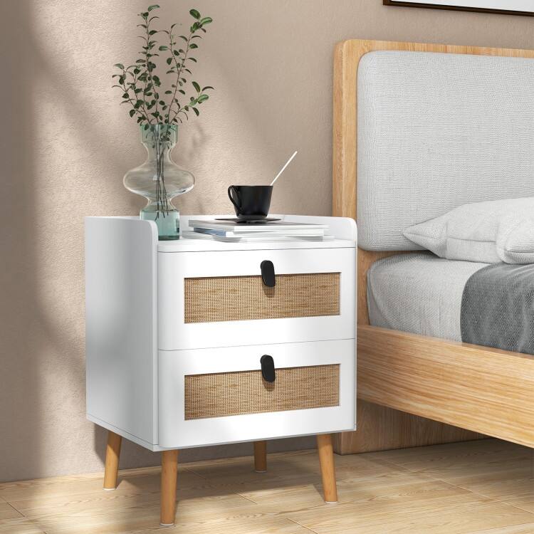 Modern End Table with Wide Top and 2 Rattan Storage Drawers - 17.5" x 15.5" x 22.5"
