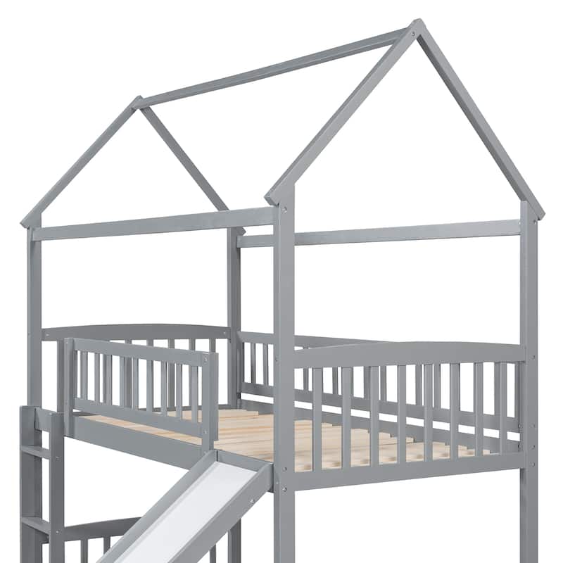 Twin Over Twin Bunk Bed with Slide, House Bed with Slide, Gray
