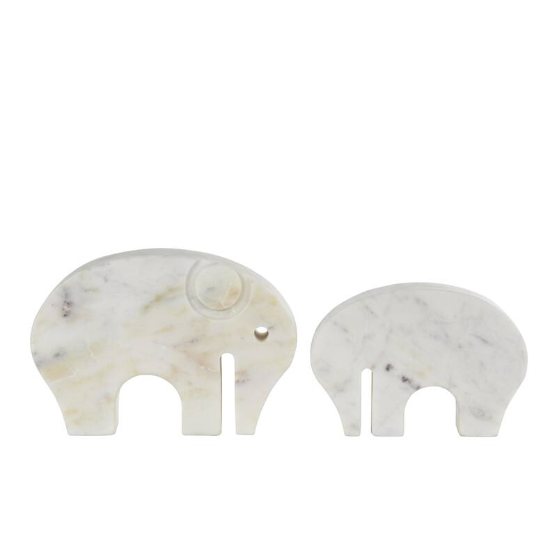 White Marble Rounded Abstract Elephant Decorative Sculpture with Gray Marble Veins and Cutouts (Set of 2)