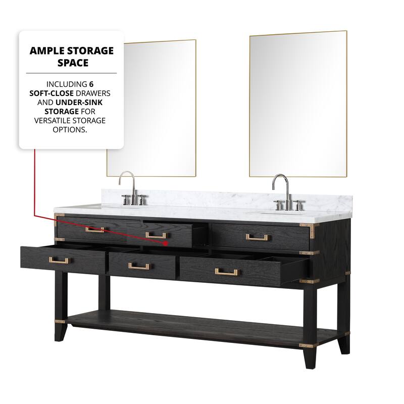 Lexora Norwalk Bath Vanity, Carrara Marble Top, Faucet Set, and Mirror