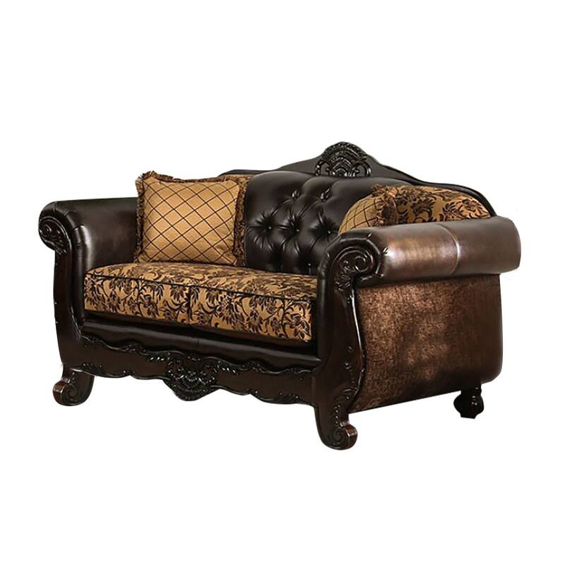 Chenille and Leatherette Loveseat with Loose Back Pillows in Tan