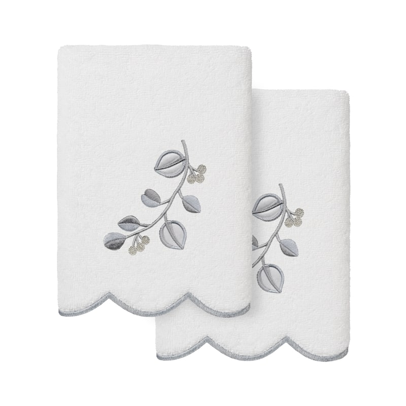Authentic Hotel and Spa 100% Turkish Cotton WILD BRANCH Scallop Embellished Towel Collection - White/Grey - 2 Hand Towels