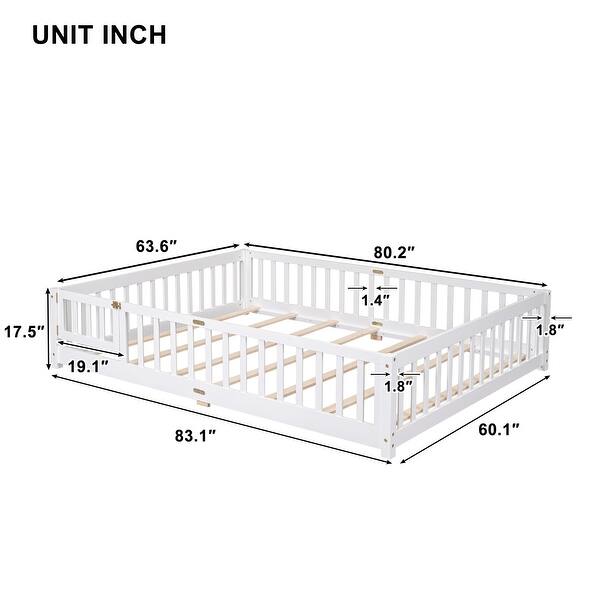 dimension image slide 2 of 4, Queen size Floor Platform Bed with Fence Guardrails and Door