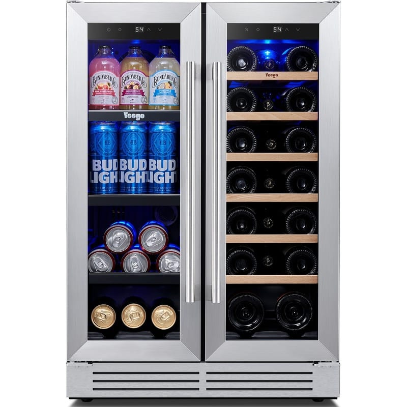 Yeego 24'' 20 Bottles 60 Can Dual Zone French Door Wine and Beverage Cooler Refrigerator