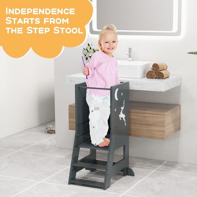 Toddler Kitchen Stool Baby Standing Tower with Chalkboard and Whiteboard - 19.5" x 14.5" x 34.5"