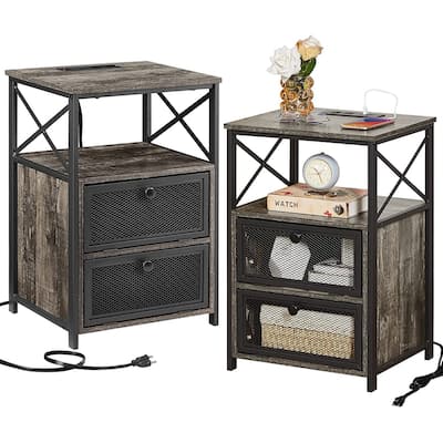 VECELO Modern End Table with 3-tier Storage Shelves, Nightstands with Charging Station(Nightstand Set of 2)