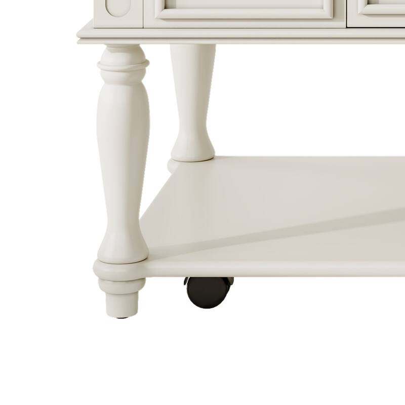 Farmhouse Coffee Table with One Drawer, Movable Rectangular Cocktail Table with Lockable Wheels, Solid Wood Legs