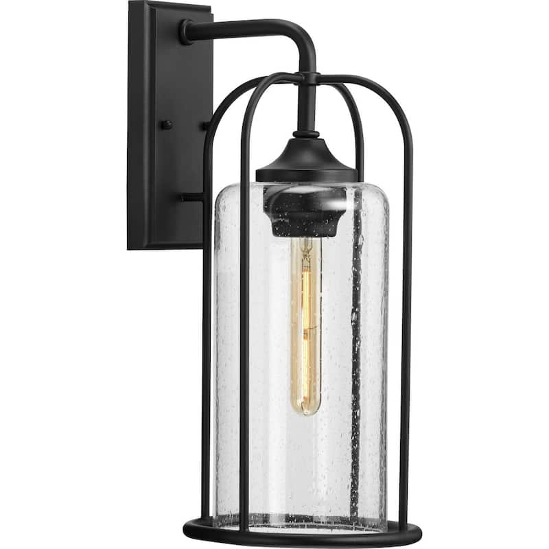 Watch Hill Collection One-Light Textured Black and Clear Seeded Glass Farmhouse Style Large Outdoor Wall Lantern - 8.5 in x 10.25 in x 19.37 in