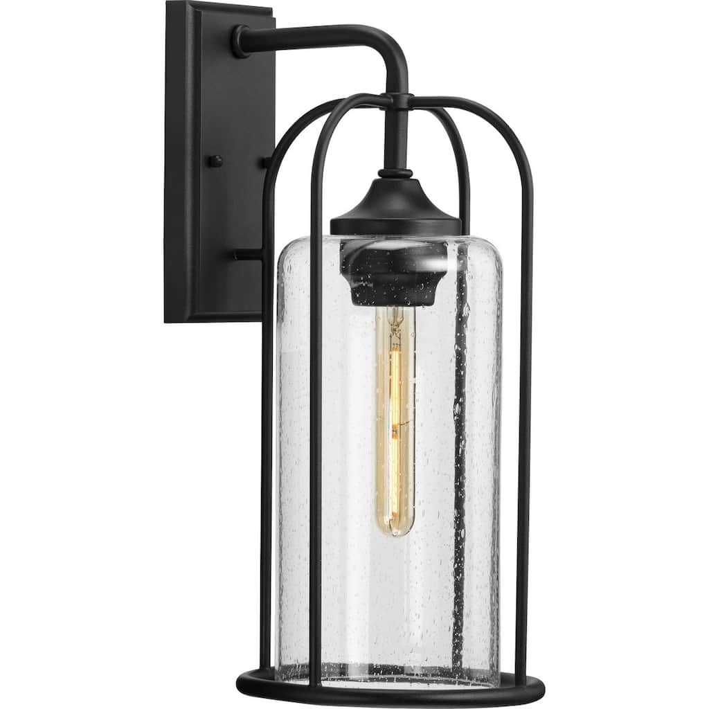 Watch Hill Collection One-Light Textured Black and Clear Seeded Glass Farmhouse Style Large Outdoor Wall Lantern