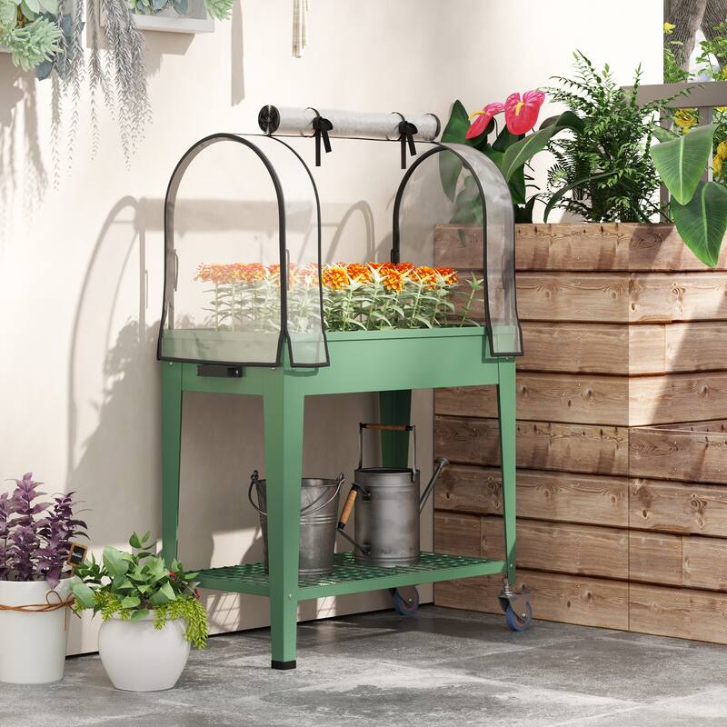 Outsunny Raised Garden Bed with Greenhouse Cover, Large Metal Outdoor Elevated Planter Box with Lockable Wheels