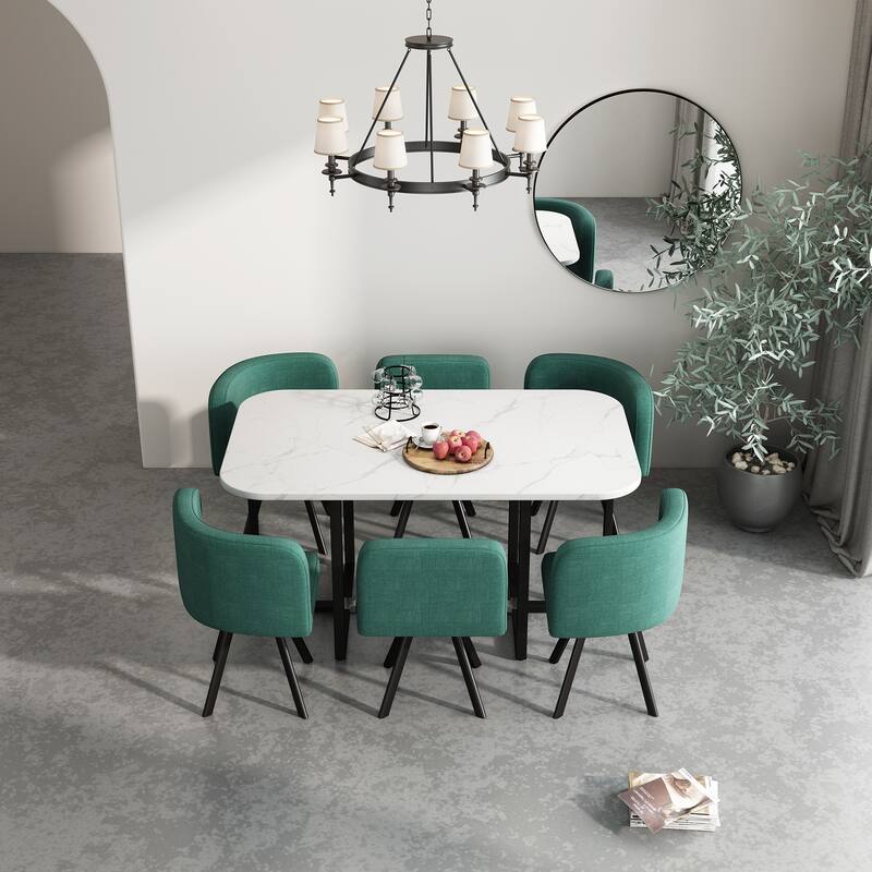 Modern 7-Piece Dining Table Set with 6 Curved Backrest Green Accent Chairs, 59" Dining Table Coffee Table