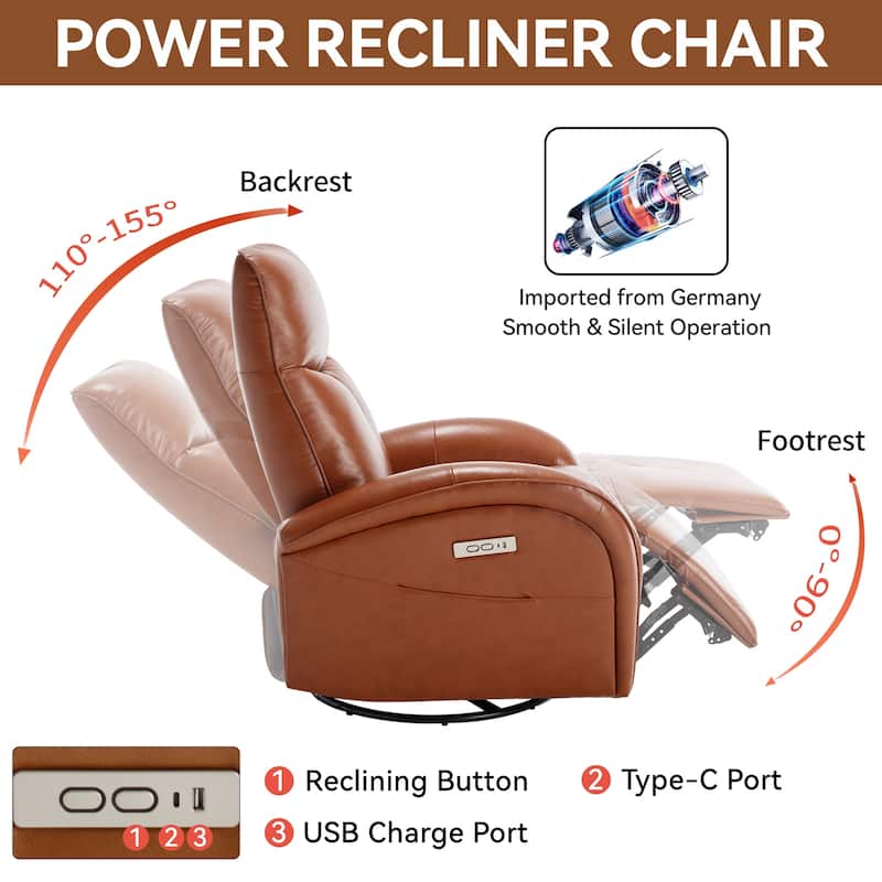 Genuine Leather Power Recliner Chair, 270° Swivel Rocker, USB, Type-C