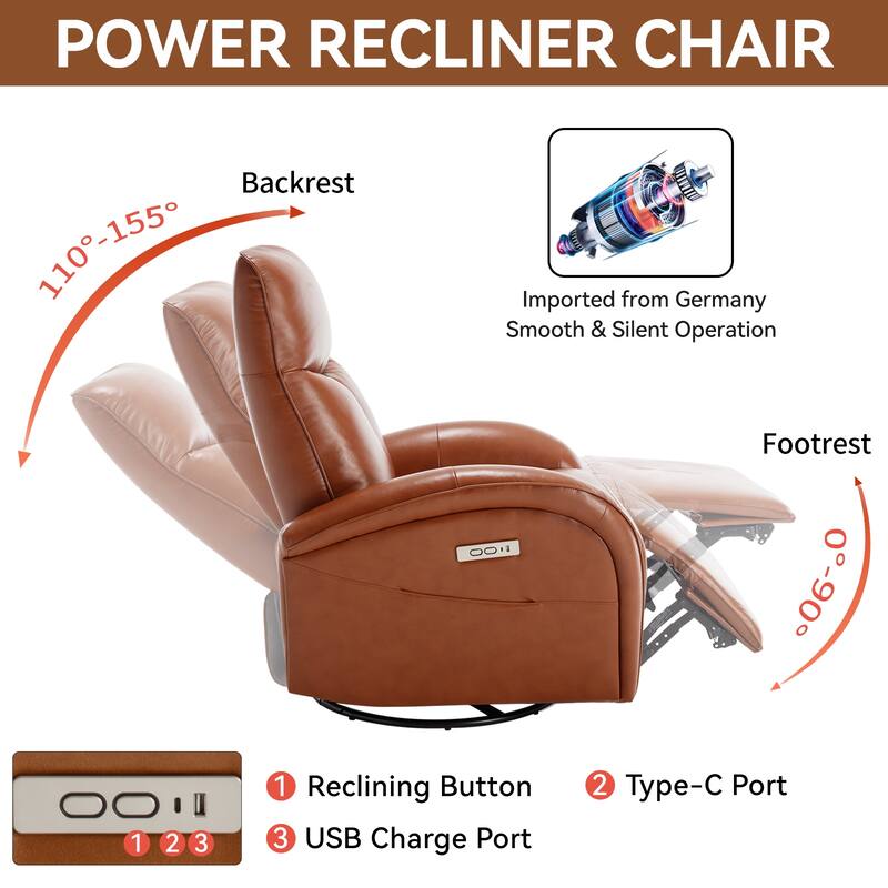 Modern Genuine Leather Swivel and Rocker Power Recliner Chair, 270° Swivel Recliner Chair with Lumbar Support, USB and Type-C