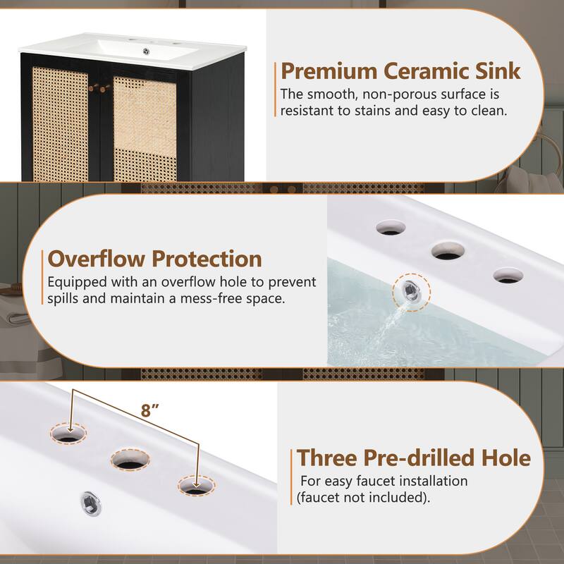 30" Eco-Friendly Bathroom Vanity – Handwoven Rattan Doors with Silent Soft-Close Hinges, Blending Natural Craftsmanship